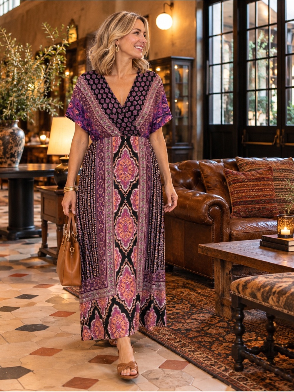 Chico's Medallion Tile Print Maxi Dress Black Purple Pink Size 2 12/14 NWT M